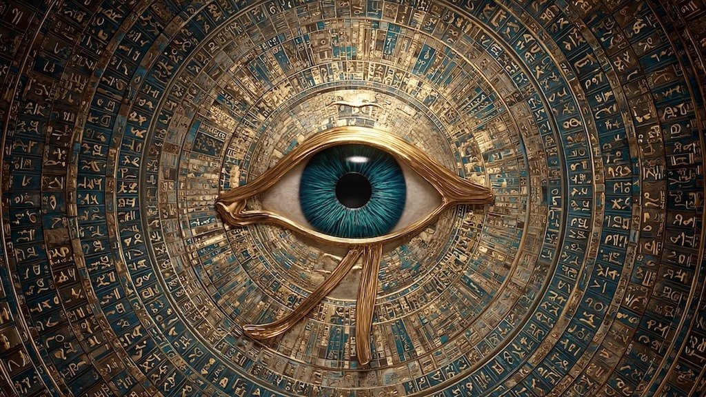 Golden eye of RA inside a glowing scale surrounded by 42 rotating papyrus scrolls